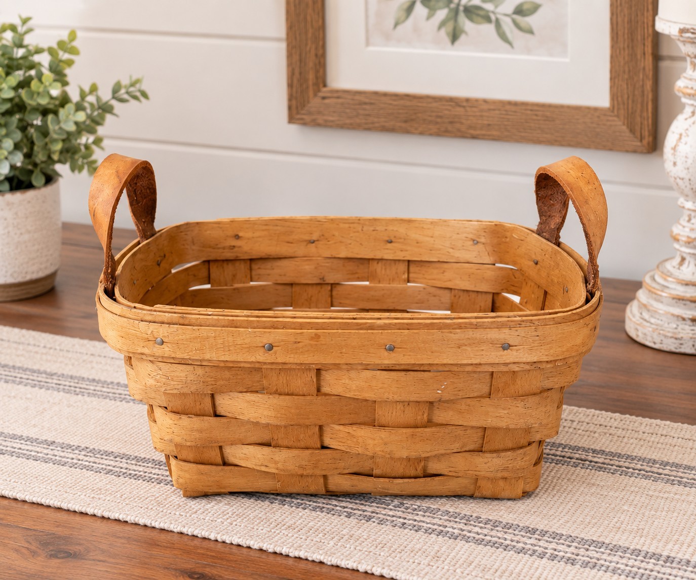 Authentic VTG Longaberger \'95 Wood Split Basket Leather Handles Signed
