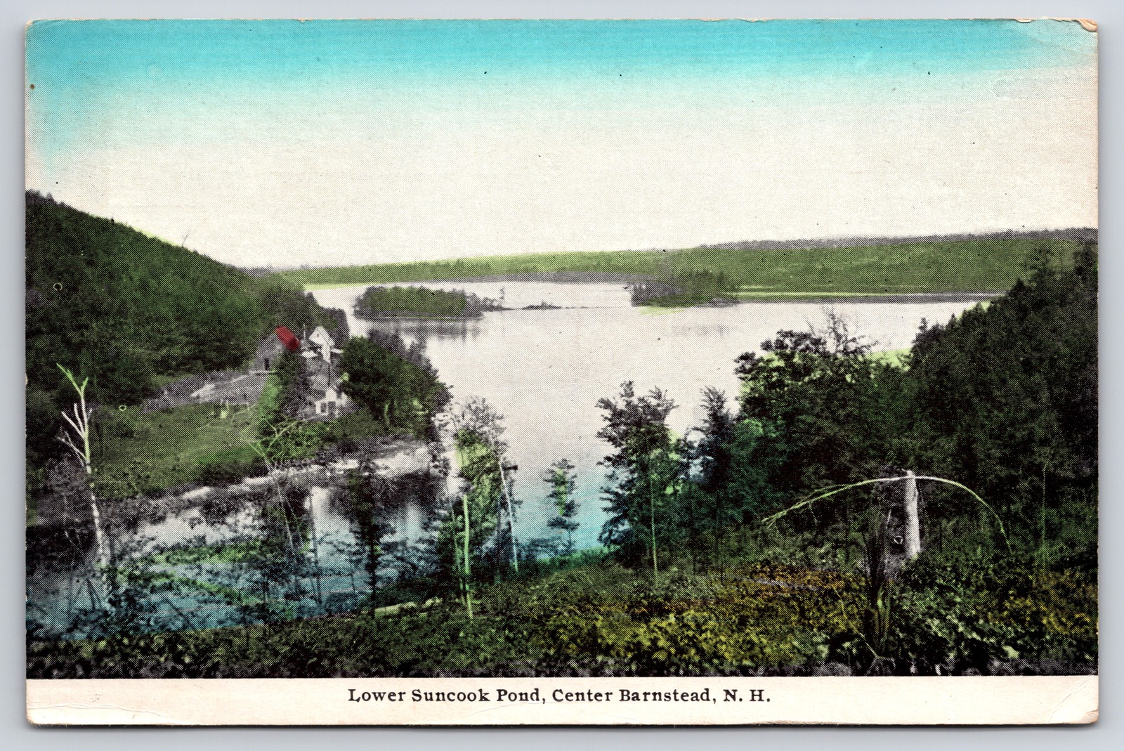 1934 Lower Suncook Pond Center Barnstead NH Postcard Nathan Hale Stamp Pair