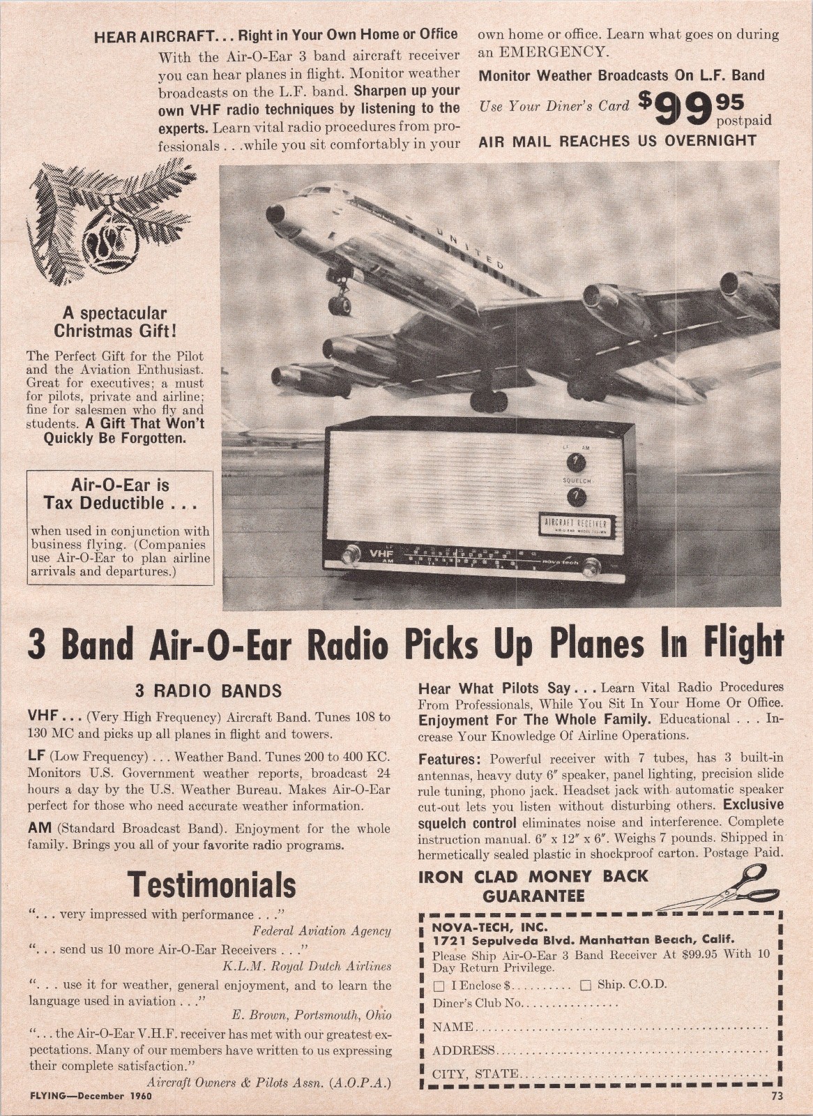 Nova-Tech Air-O-Ear 3 Band Aircraft Radio Print Ad 1960 Vintage