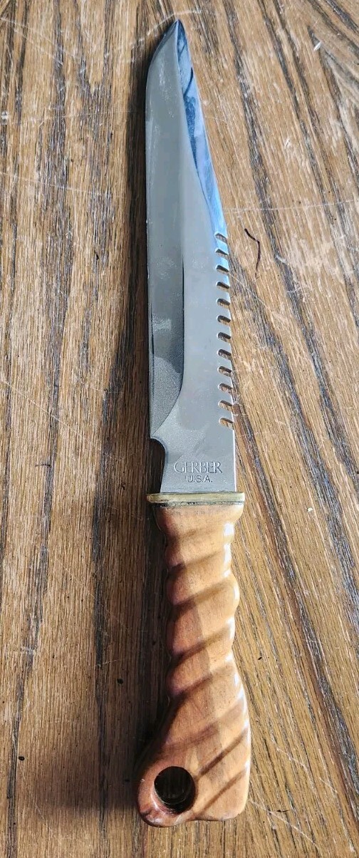 Custom GERBER BMF Fixed Blade Knife Wooden Spiral Handle Polished Blade Vintage