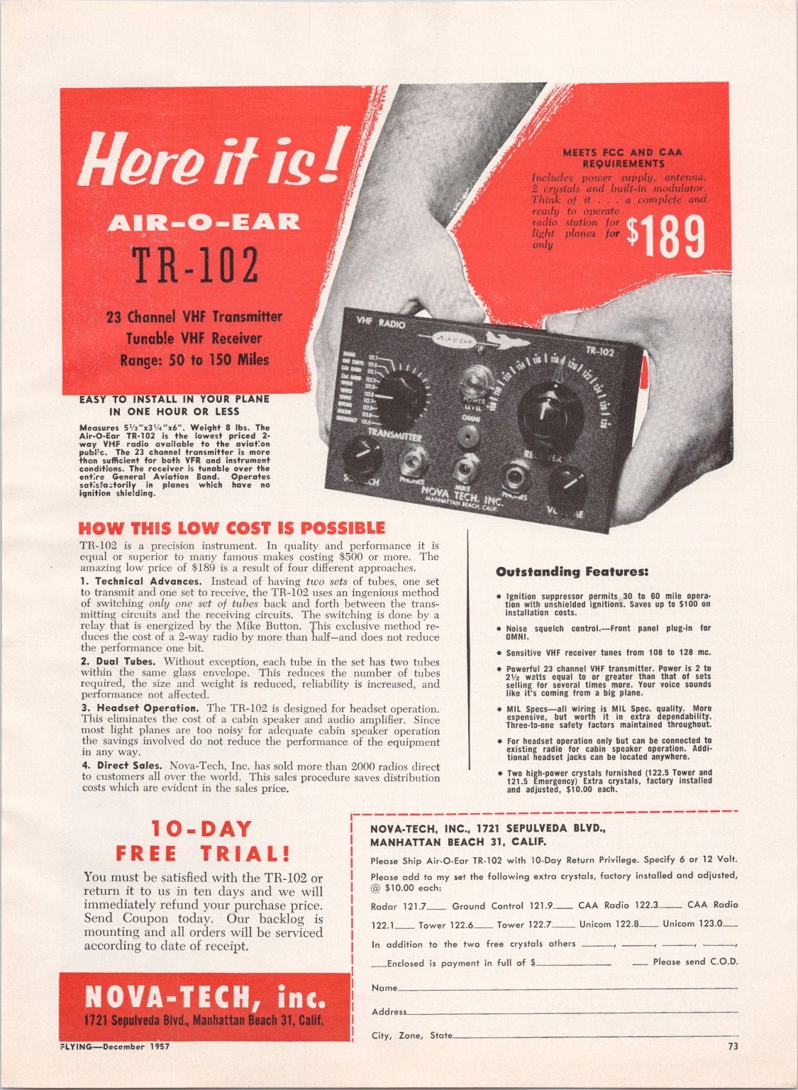 Nova-Tech Air-O-Ear TR-102 1957 Vintage Aviation Radio Magazine Ad Red White
