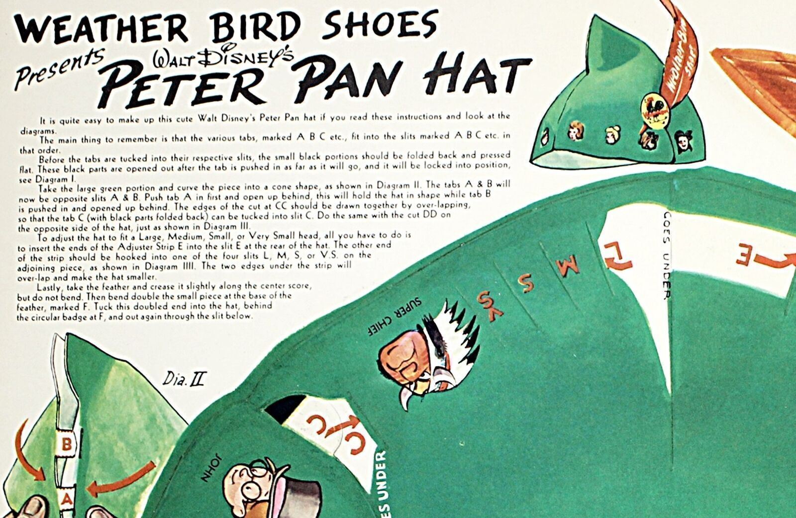 c1950s Premium Weather Bird Shoes Walt Disney's Peter Pan Hat Punch-Out Sheet