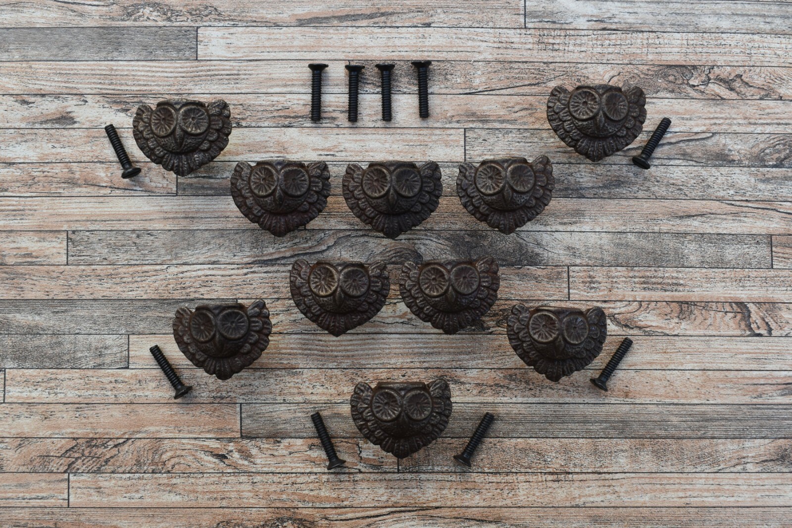 10Pc Vtg  Cast Iron Owl Shape Drawer Cabinet Door Pulls Knobs Handles Farm Decor