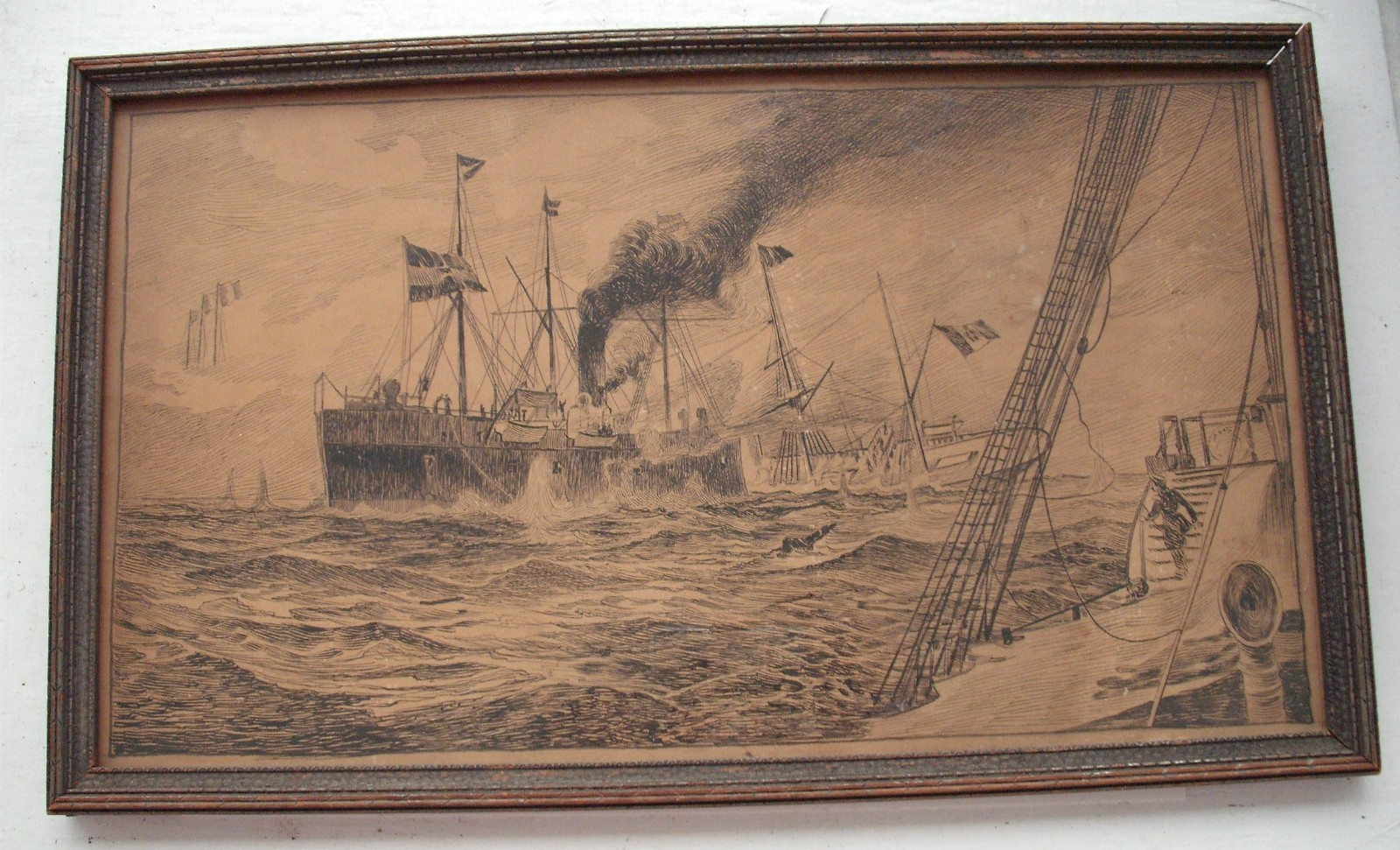 Rare WW1 Original Hand Inked Magazine Artwork, Naval, Italian Flag, info on back