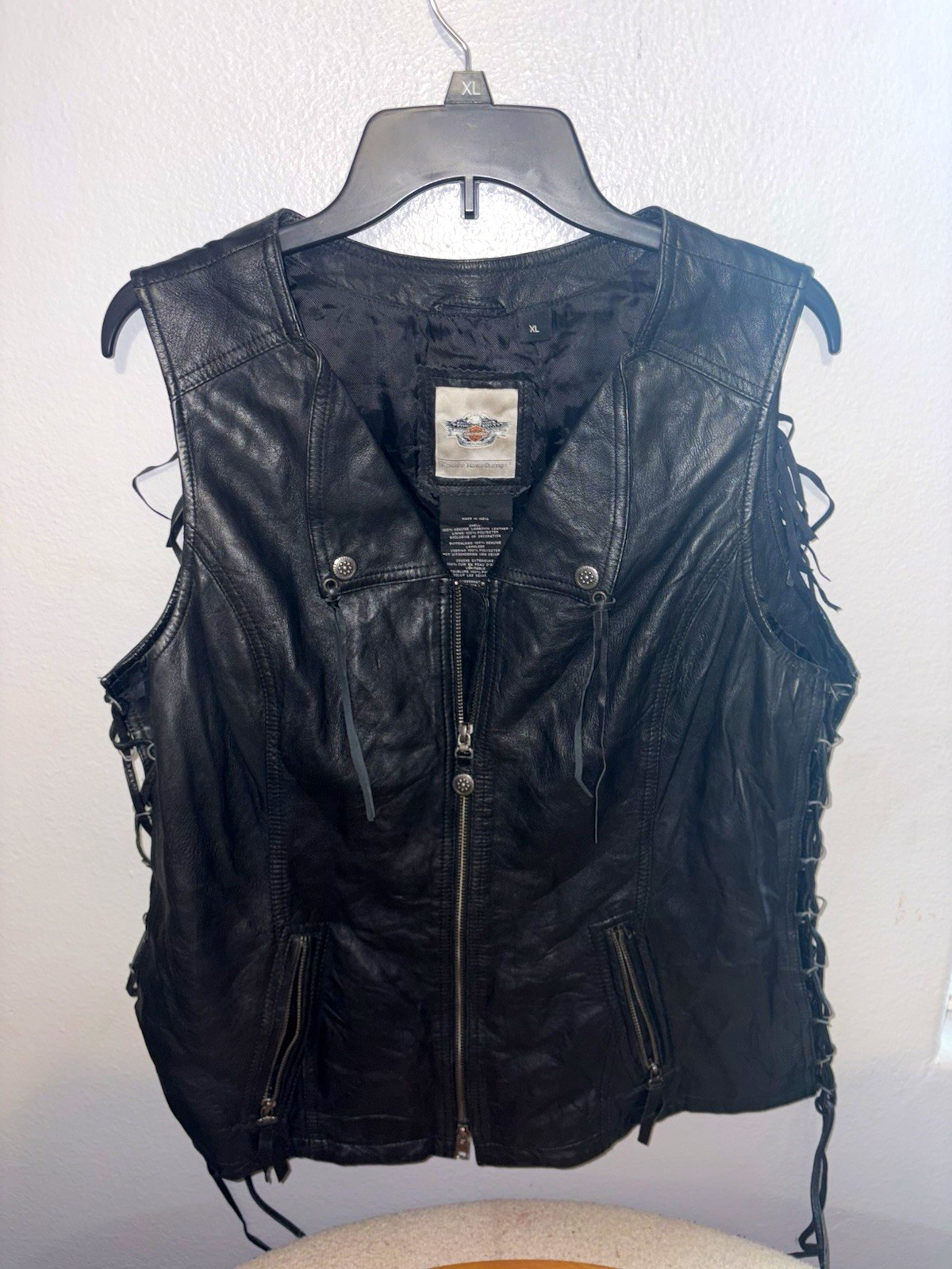 Harley-Davidson Black Leather Fringe Vest Zip Front Side Lace-Up Womens XL