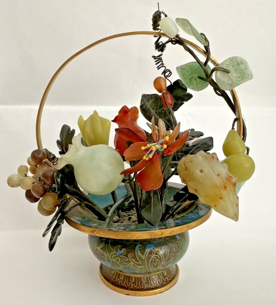 Vintage GUMP's Serpentine Jade &Precious Stone Cloisonne Floral Fruit Basket-MCt