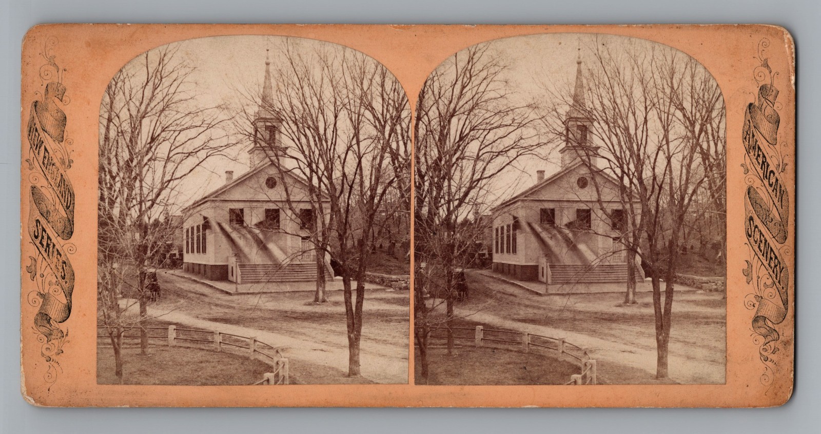 Antique c. 1870s Real Photo Stereoview Card - New England Church & Spire, Sepia