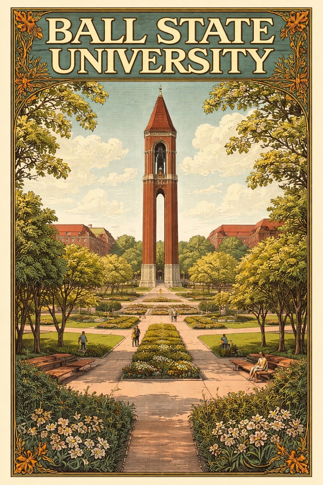 Ball State University Vintage Campus Scene - 12x18” Premium Art Print 🗞️