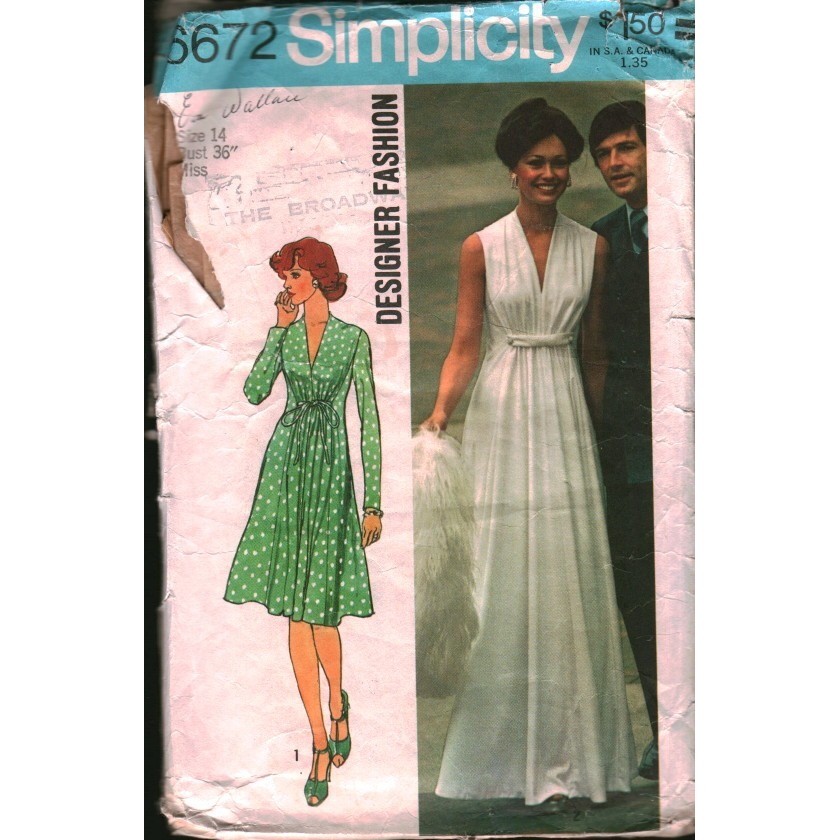 Vintage 1974 Simplicity 6672 Sewing Pattern Misses Dress V-Neck Maxi Size 14