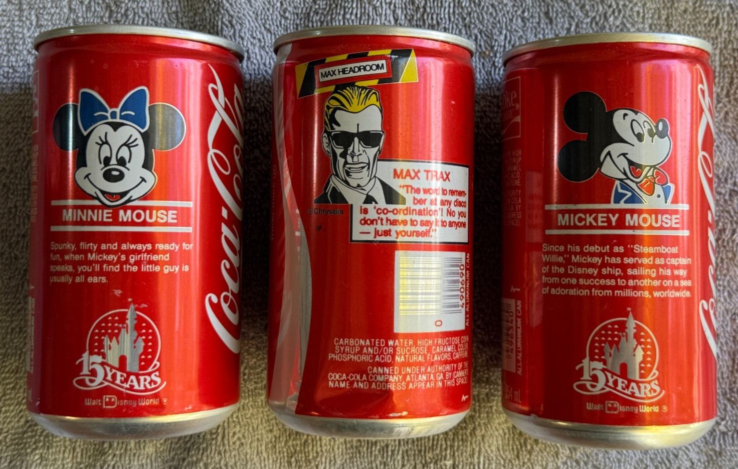 3 Vtg Prototype Coca Cola Cans, Disney 15 Years, Minnie & Mickey Mouse, Headroom