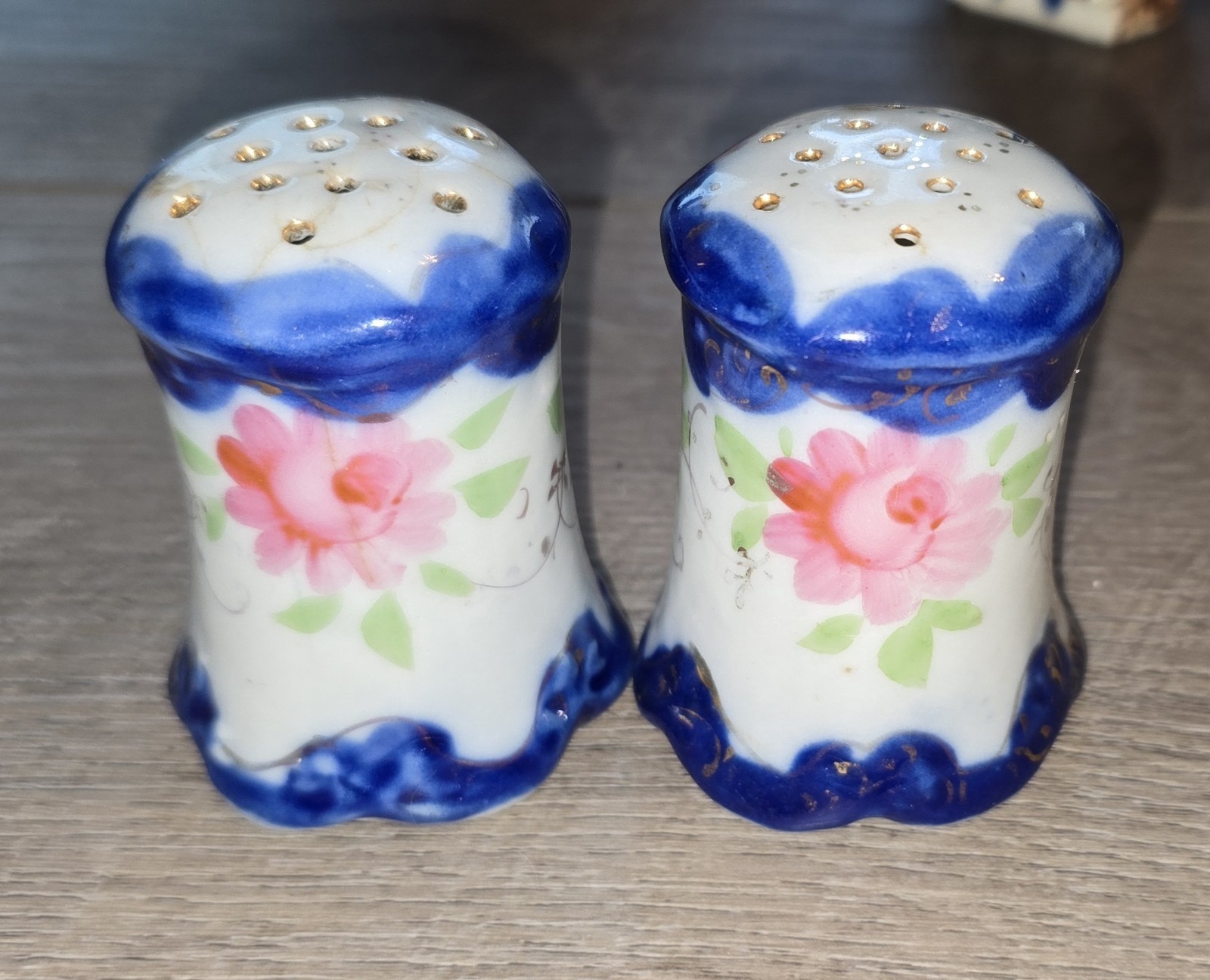 Vintage Hand Painted Porcelain Salt & Pepper Shakers Cobalt Blue Floral Gold Set