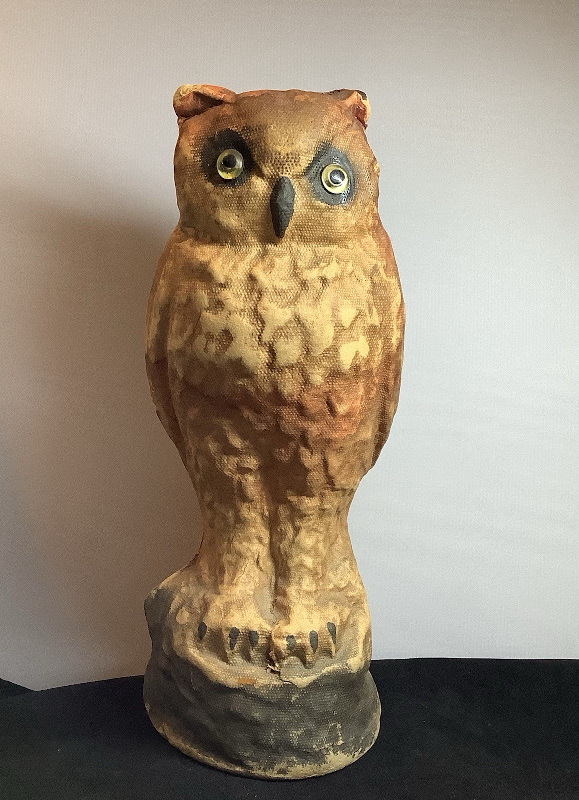 Antique Pressed Paper Mache Owl w Glass Eyes 10 1/4 Inch Hand Painted Structure