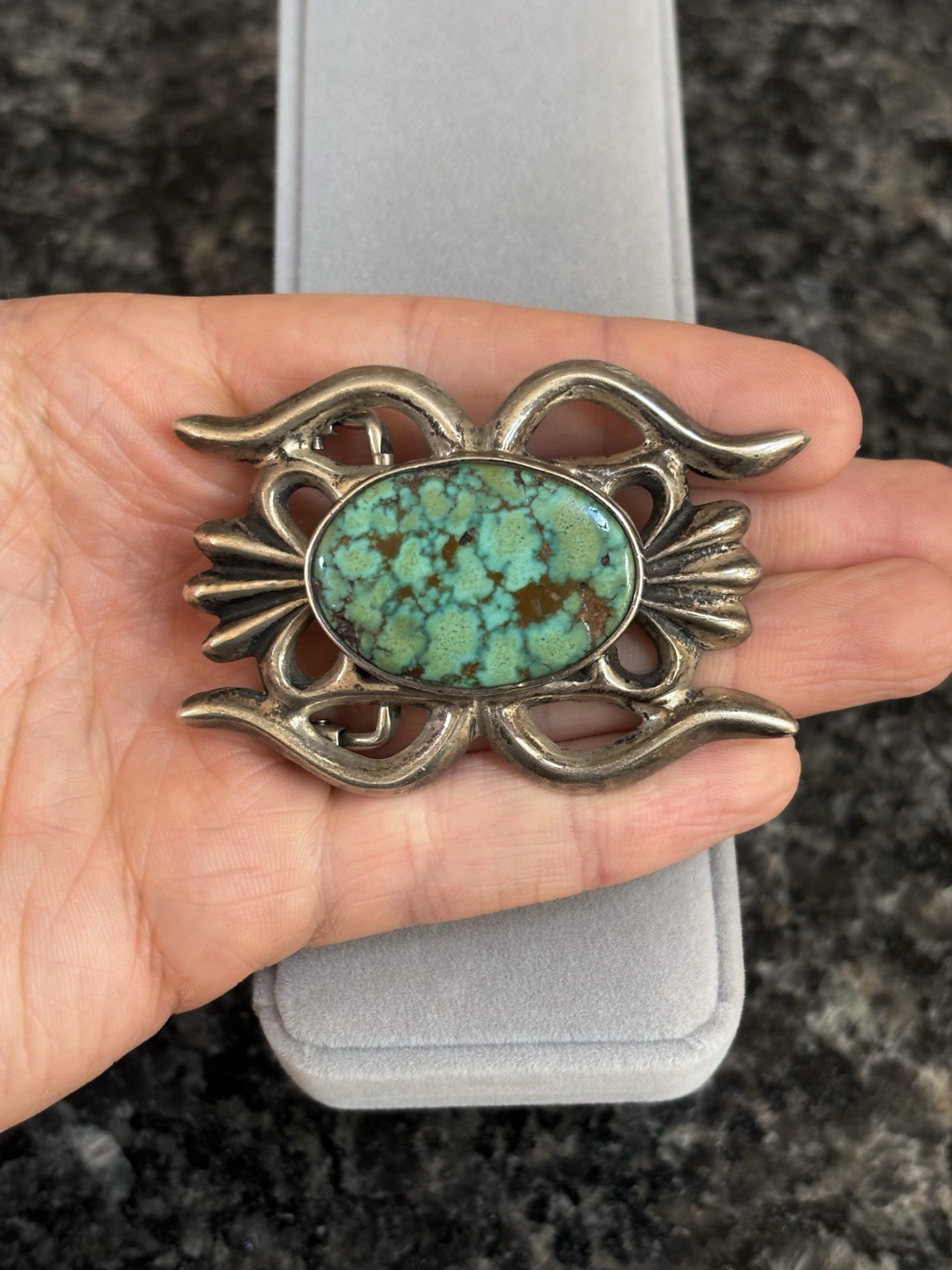 Vintage Native American Sterling Silver Turquoise SandCast old Belt Buckle - 52g