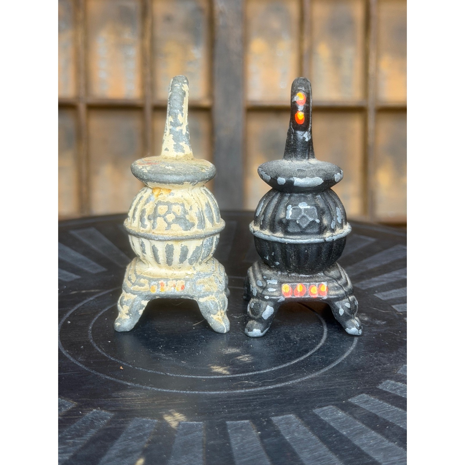 Vintage Miniature Cast Iron Potbelly Stove Salt & Pepper Set