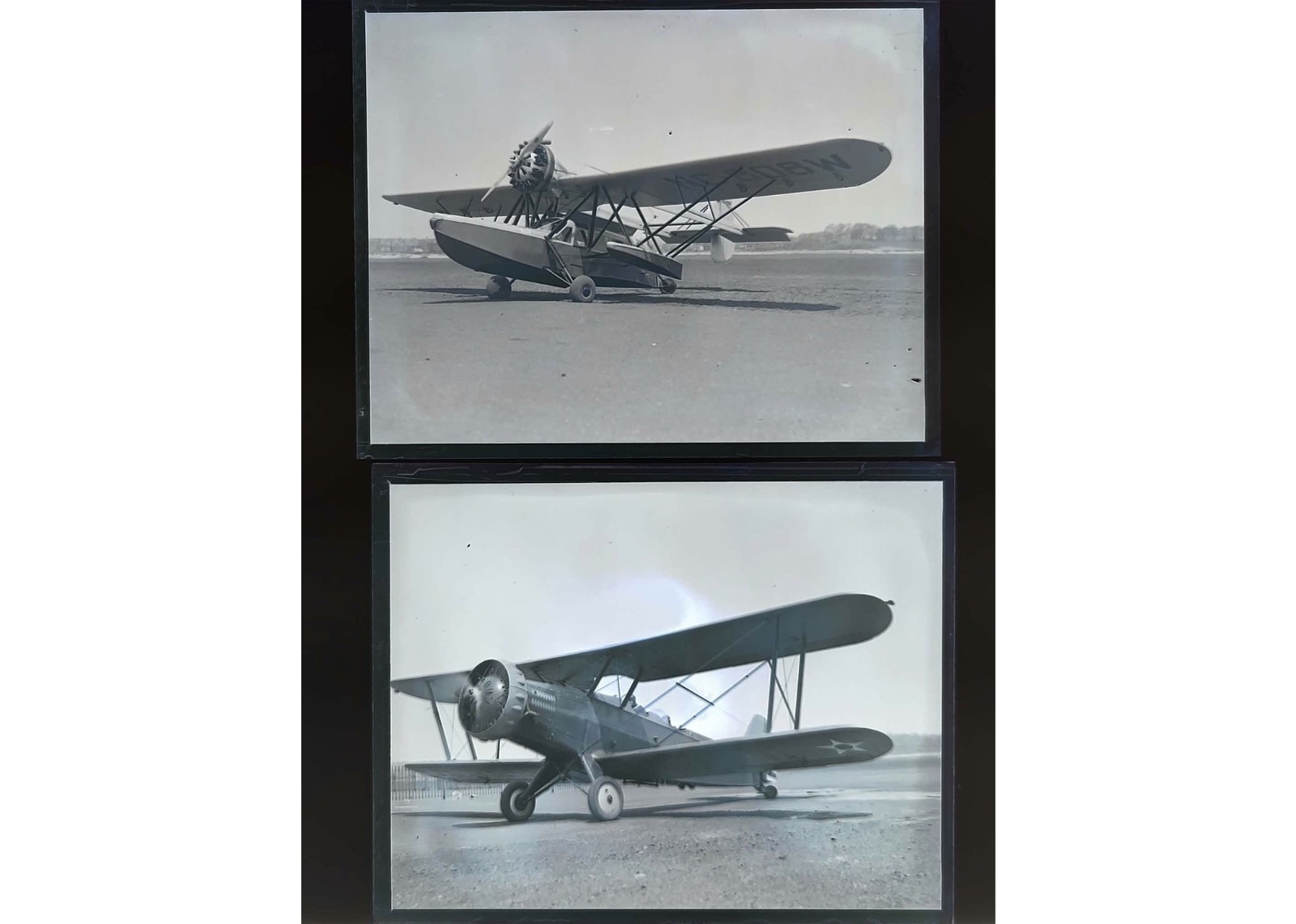 1932 East Boston Airport Airplanes Amphibian Biplane Glass Negatives (2) OOAK