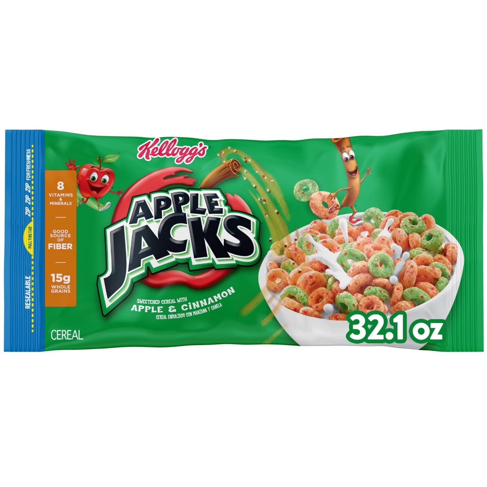 Kellogg's Apple Jacks Breakfast Cereal, Good Source of Fiber Bag, 32.1 oz,,.USA
