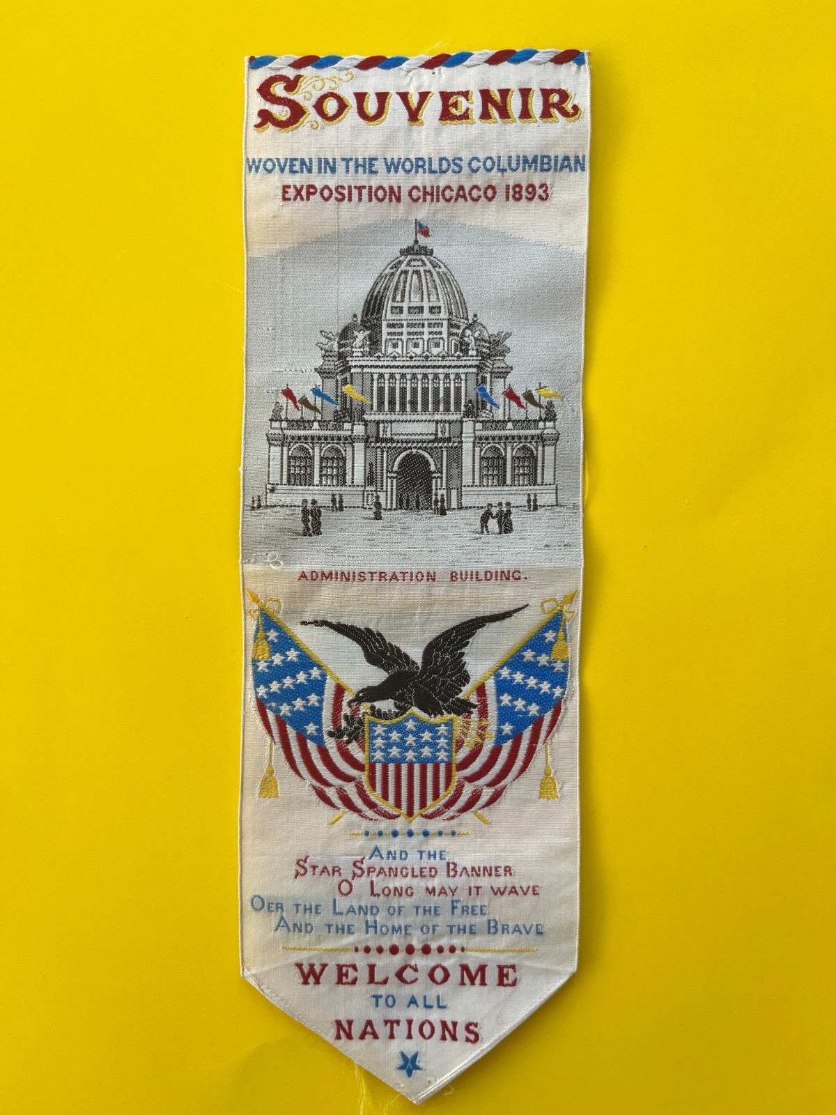 1893 Chicago Worlds Fair Columbian Exposition Souvenir Ribbon antique flag