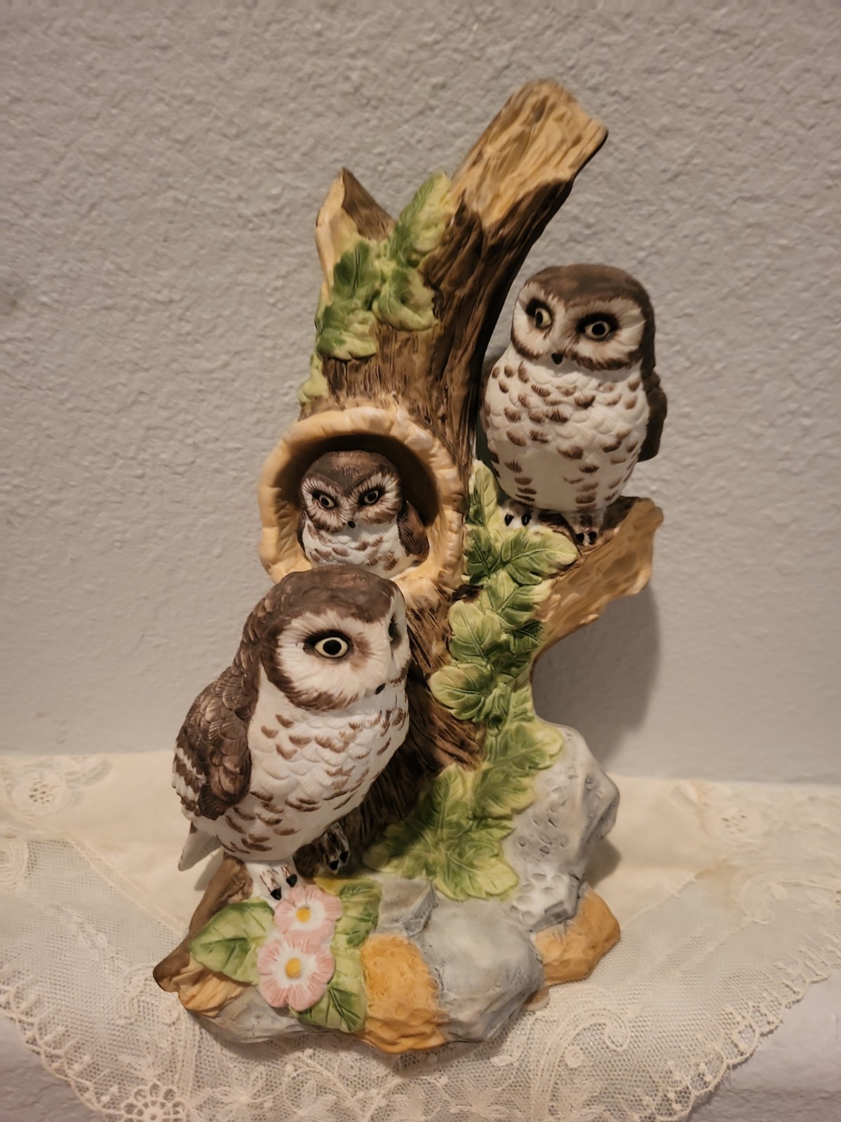 Vintage Owl Family Figurine Mamma Dad and Baby  On A Branch Bisque Porcelain 