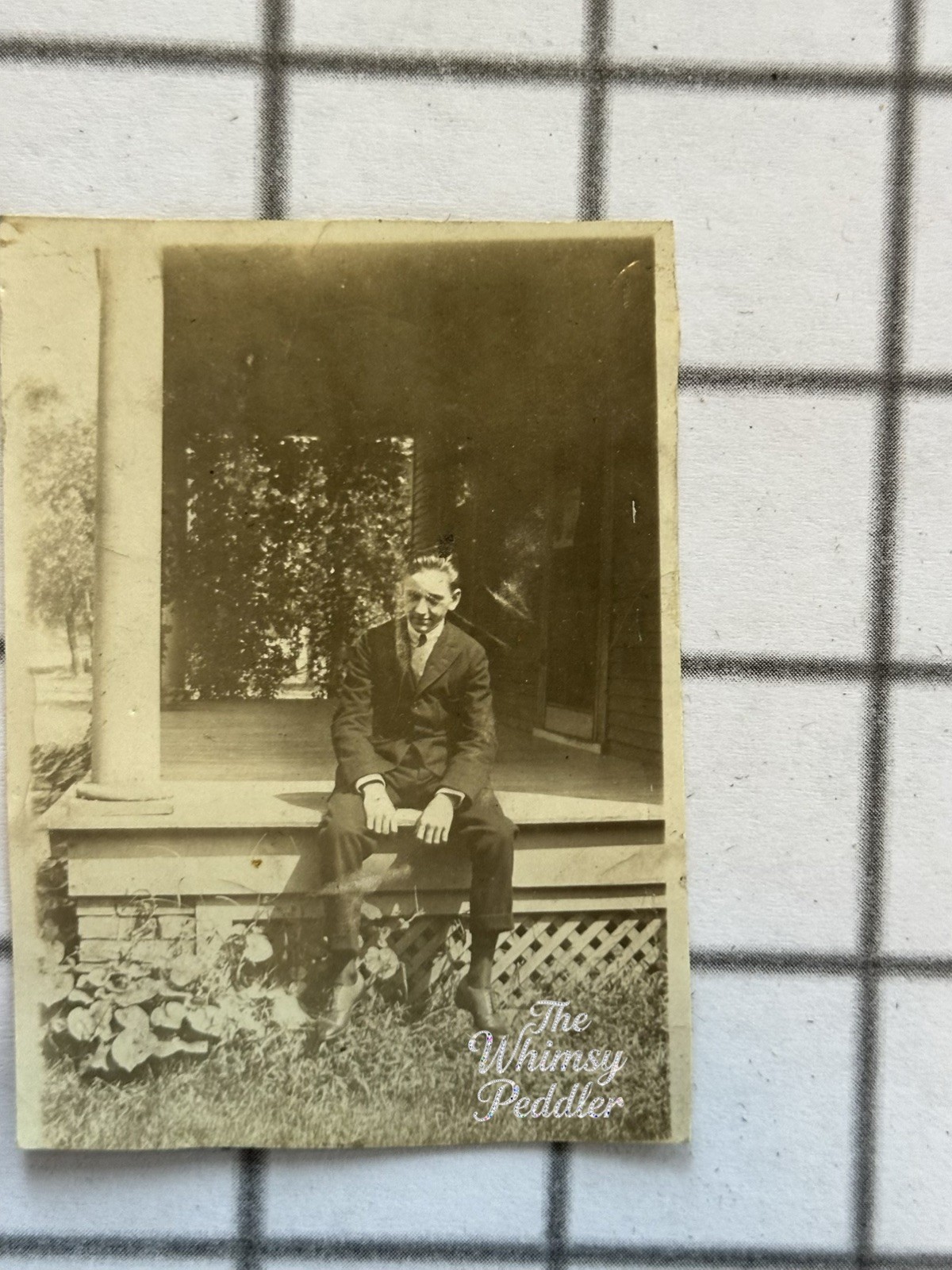 Vintage Photo Young Man in Suit Seated on Porch Antique Snapshot