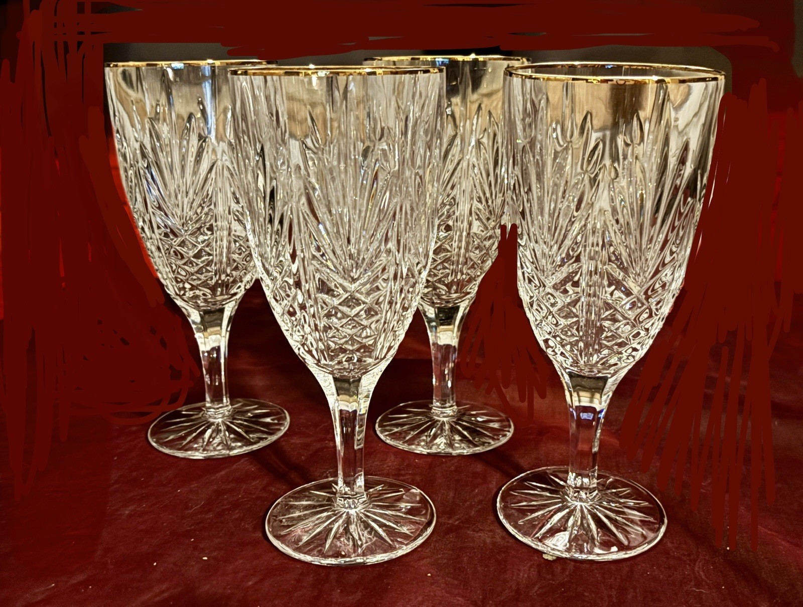 4 Mikasa Gold Crown crystal water goblets,, from 1983–1987 