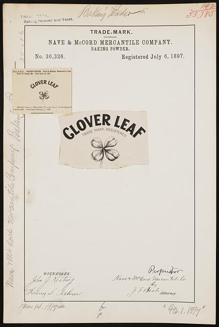 Photo:Nave McCord Mercantile Clover Leaf Baking Powder Trademark 1897
