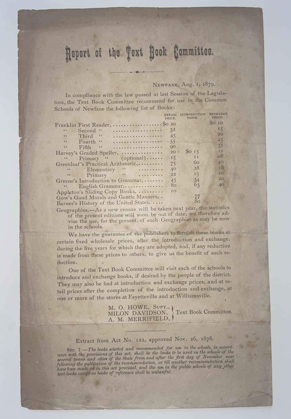 Report of the Textbook Committee Aug 1879 Vermont