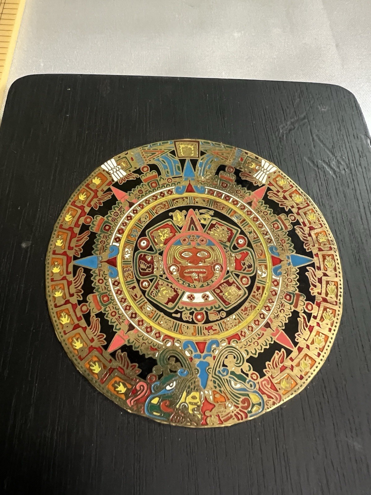 Vintage Brass & Enamel Aztec Calendar Sun Stone Wood Wall Plaque Mexico 5\