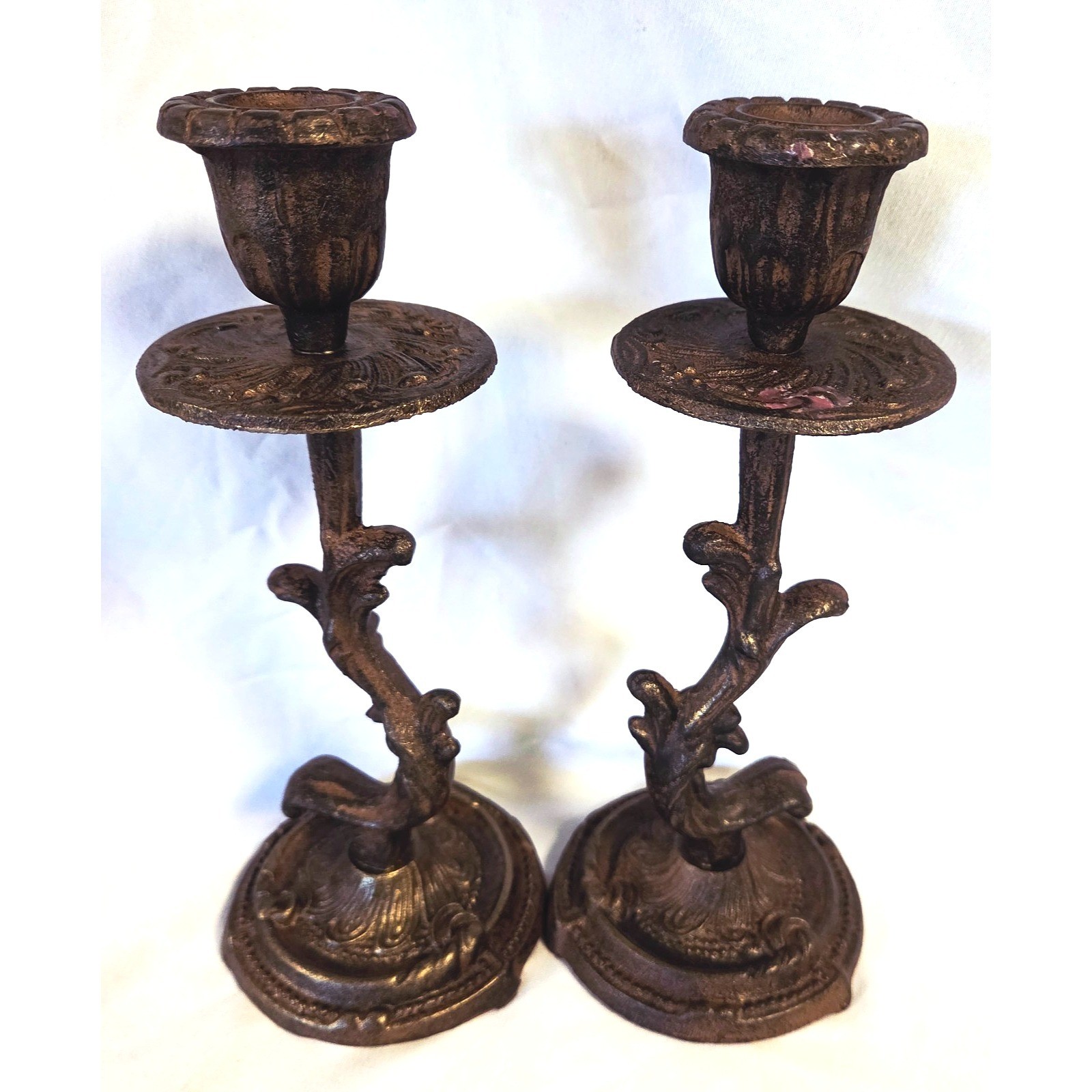 Pair of Ornate Cast Iron Candle Holders  Vintage Style Rococo Revival  ASP 2004