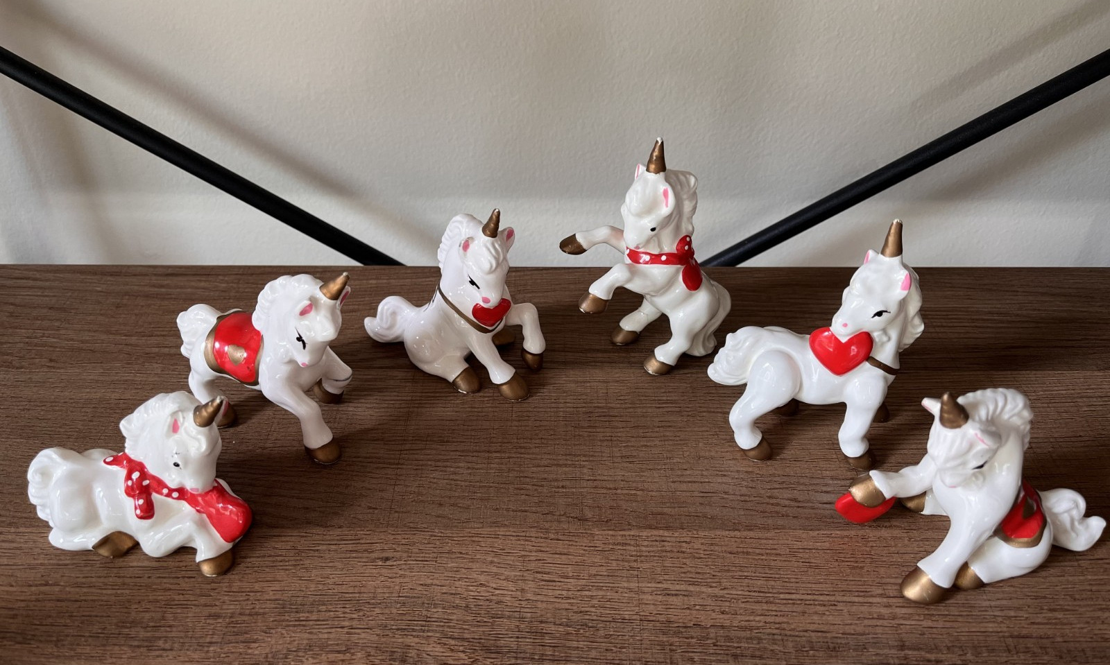Set of 6 Vintage 1980s Flambro Porcelain Unicorn Figurines Red Gold Hearts