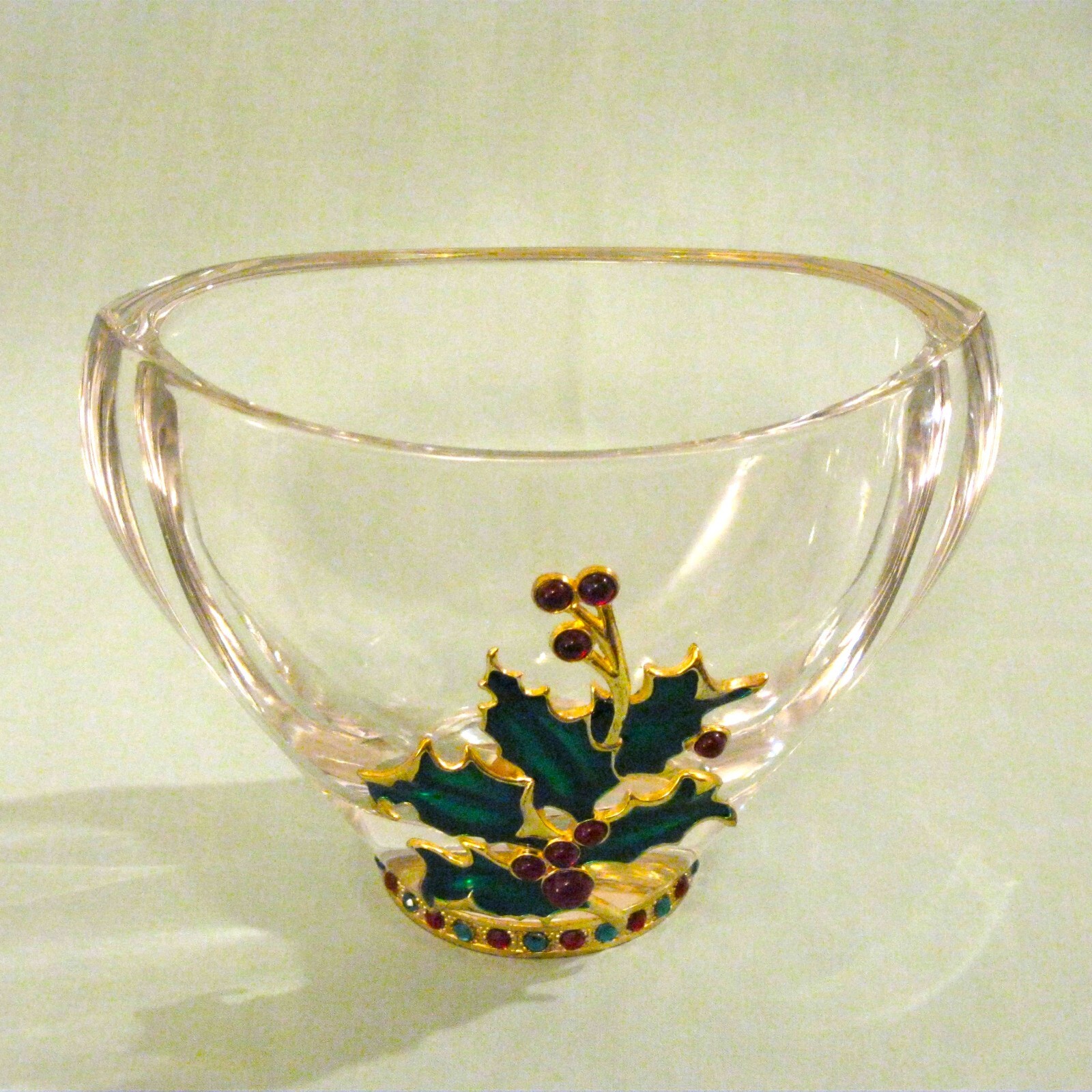 CHRISTMAS Bohemian Crystal Enamel Holly Vase Planter Vintage Teleflora