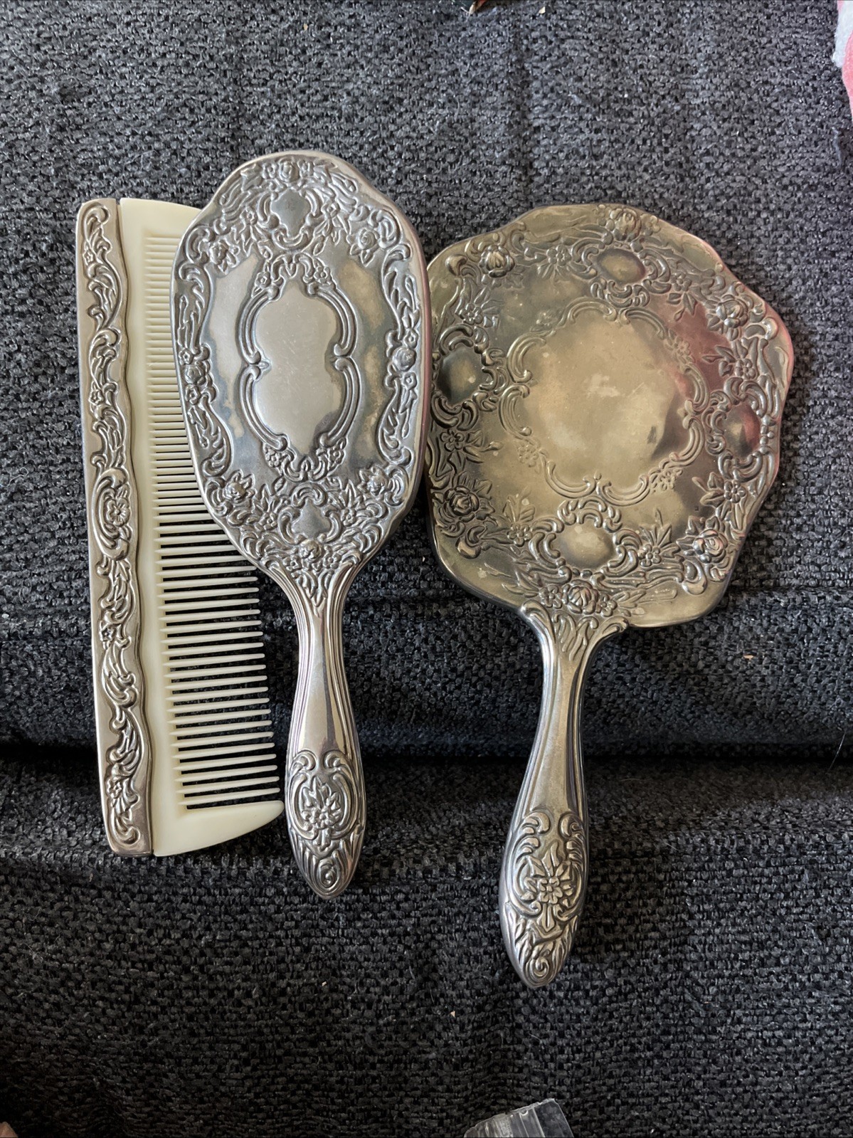 Antique French Victorian Portrait Hand Mirror and Hair Brush Comb Set