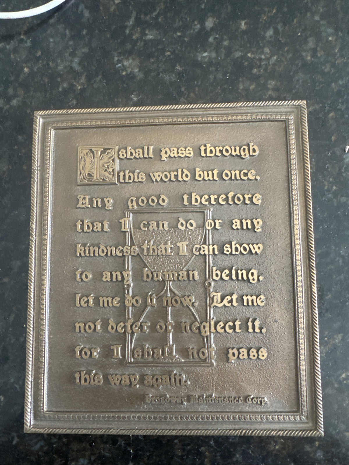 1925 Henry A. Roefer Bronze Wall Plaque – Motto Quote with Hourglass Art Deco