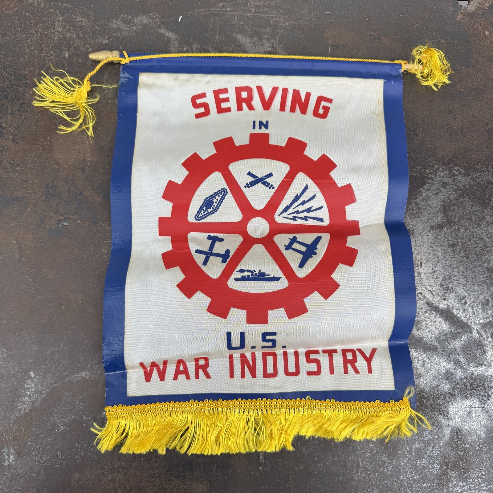 Vintage WWII Home Front Display Mini Banner - Serving With US War Industry Tank