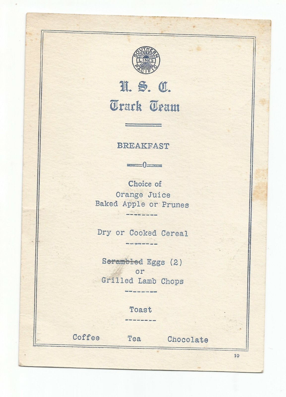 1925 Southern Pacific Lines Menu for U.S.A Track Team