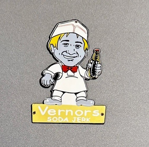 VINTAGE 12” VERNORS SODA JERK PORCELAIN SIGN CAR GAS OIL MOTORCYCLE