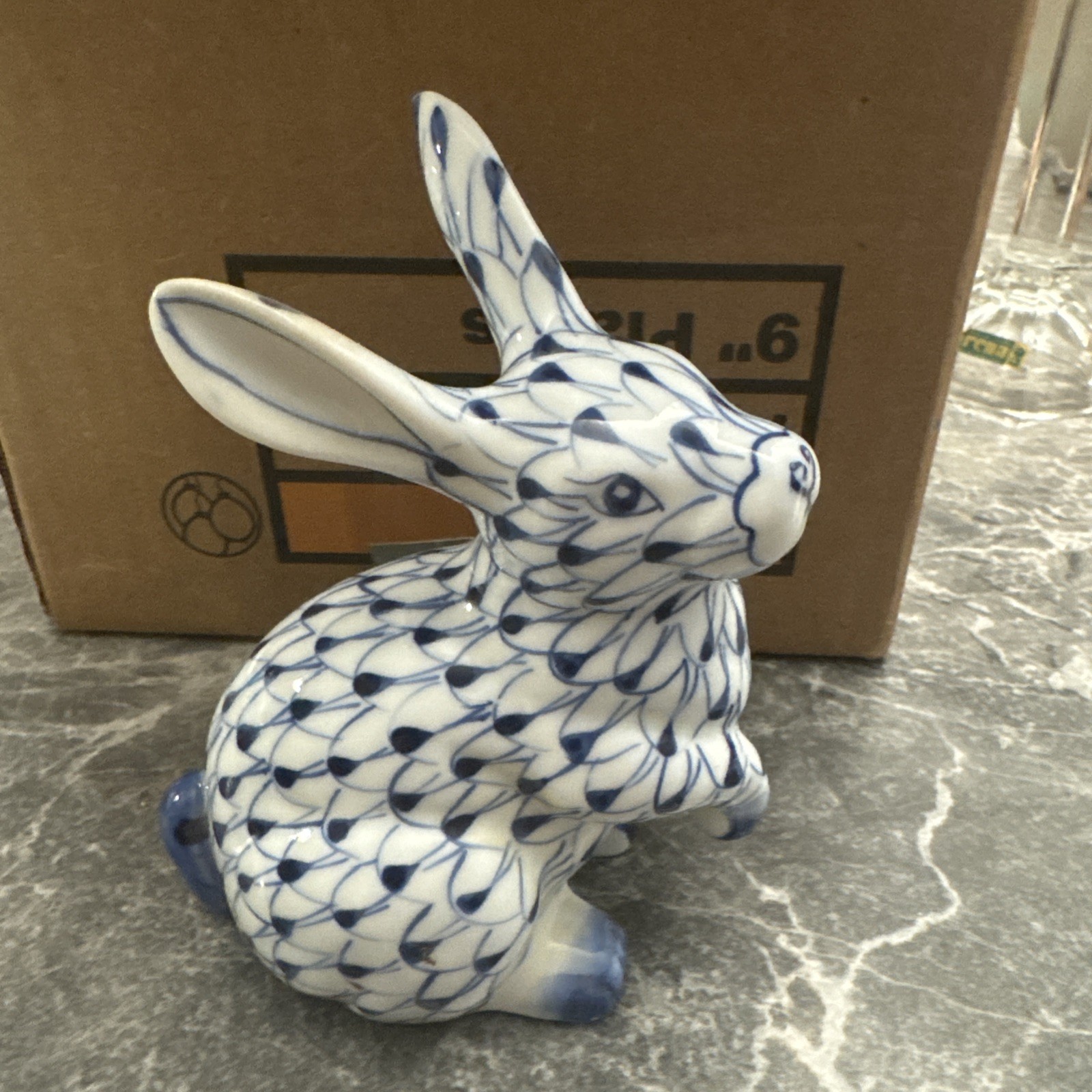 Vintage Andrea By Sadek Hand Painted Porcelain Blue & White Rabbit Figurine 