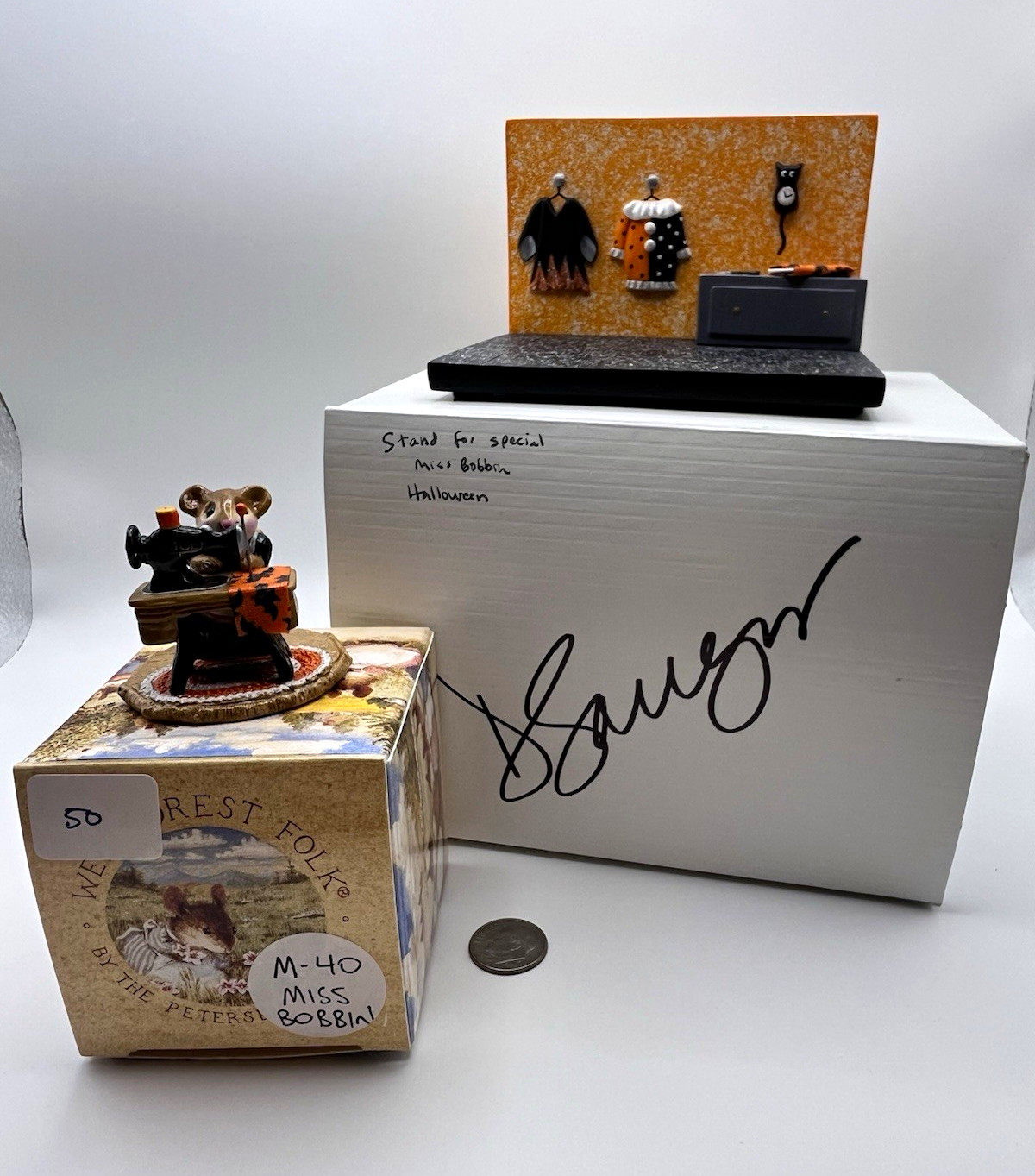 1979 Wee Forest Folk Miss Bobbin Halloween Mouse with (Stand autographed)