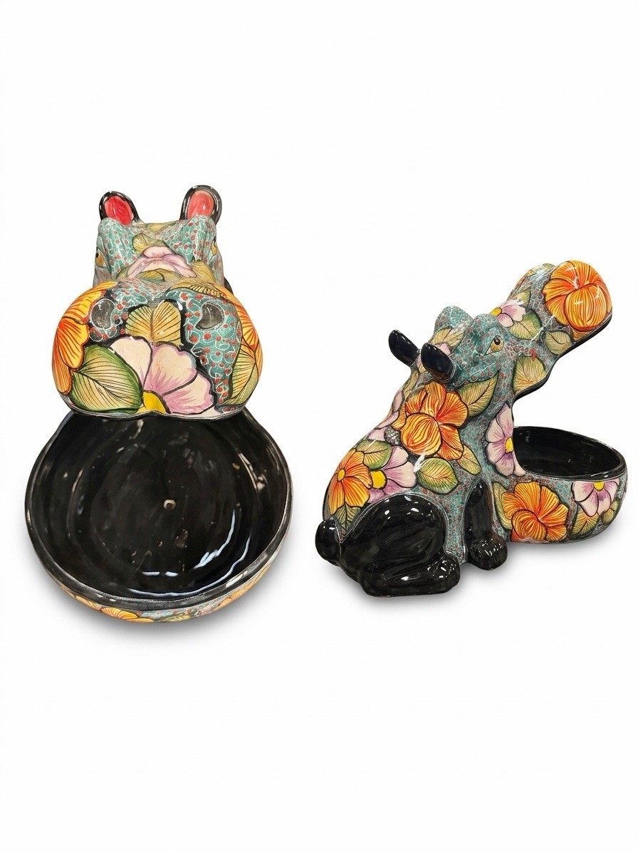 Mexican Handmade Decorative Pottery Hippo Hand-Painted Candy Dish Bowl Planter