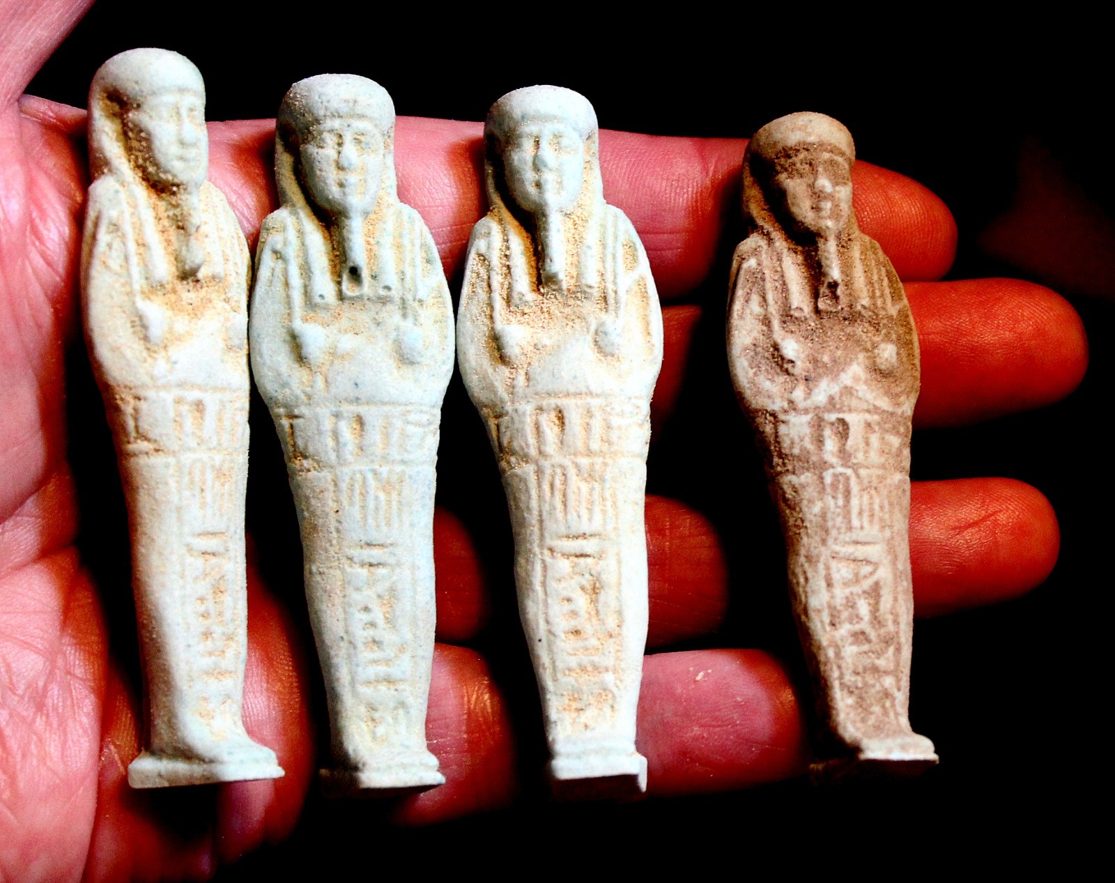 4 Beautiful Old Egyptian Ushabti Light Green Clay Figurines 600-300 BC LOT