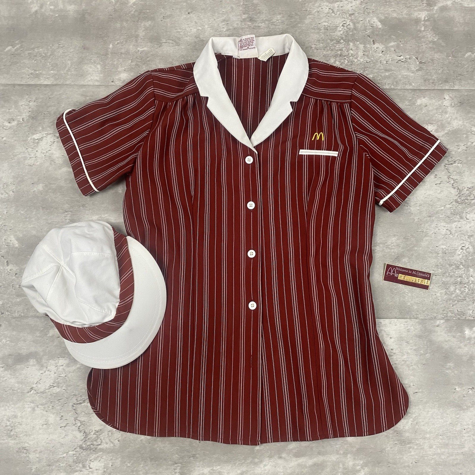 vintage 1983 McDonalds uniform womens button up shirt & cap & name badge 80s