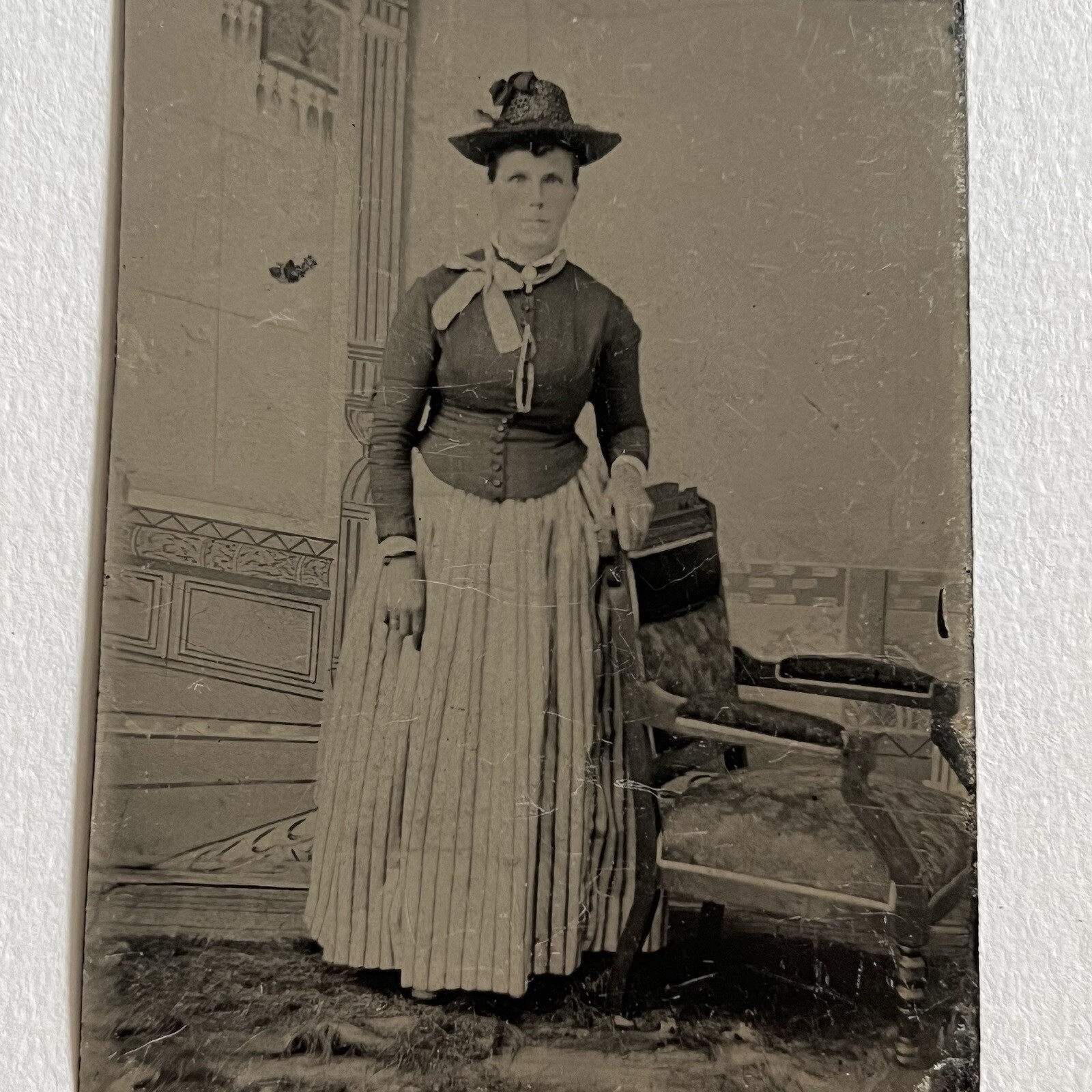 Antique Tintype Photograph Lovely Woman Top Skirt Combo Great Hat