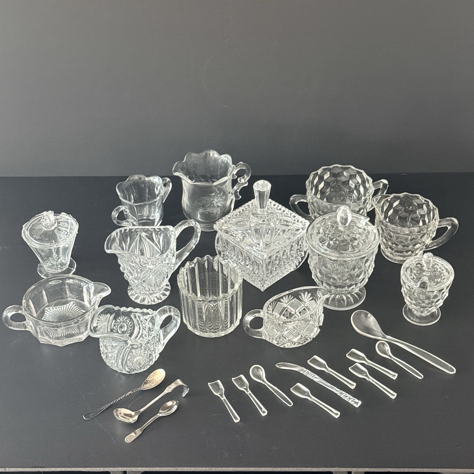 30 Pc Antique Vintage Pressed Glass Creamer Sugar Bowl Spoon Mixed Estate Lot