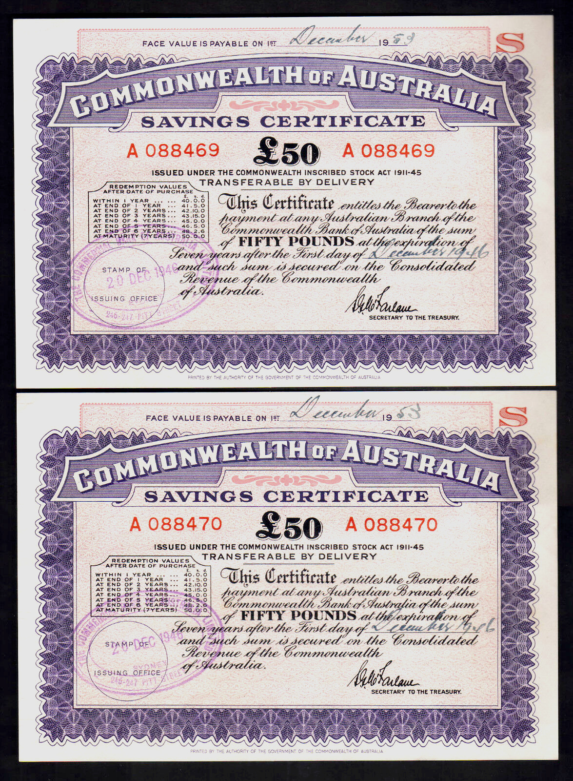 Australia 1946 (Post WW.11) Savings Certificate for 50 Pounds..  CONSEC Pair