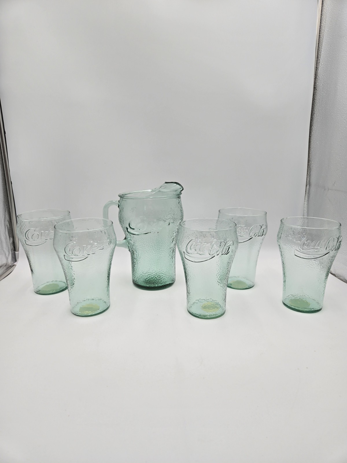 Vintage Indiana Glass Co Coca-Cola Pebbled Green Pitcher and 5 Tumbler Set (A3)