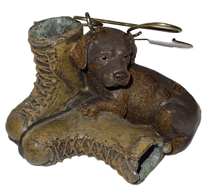 Fun Vintage Dog Laying On Boots Ornament Figurine Hanging