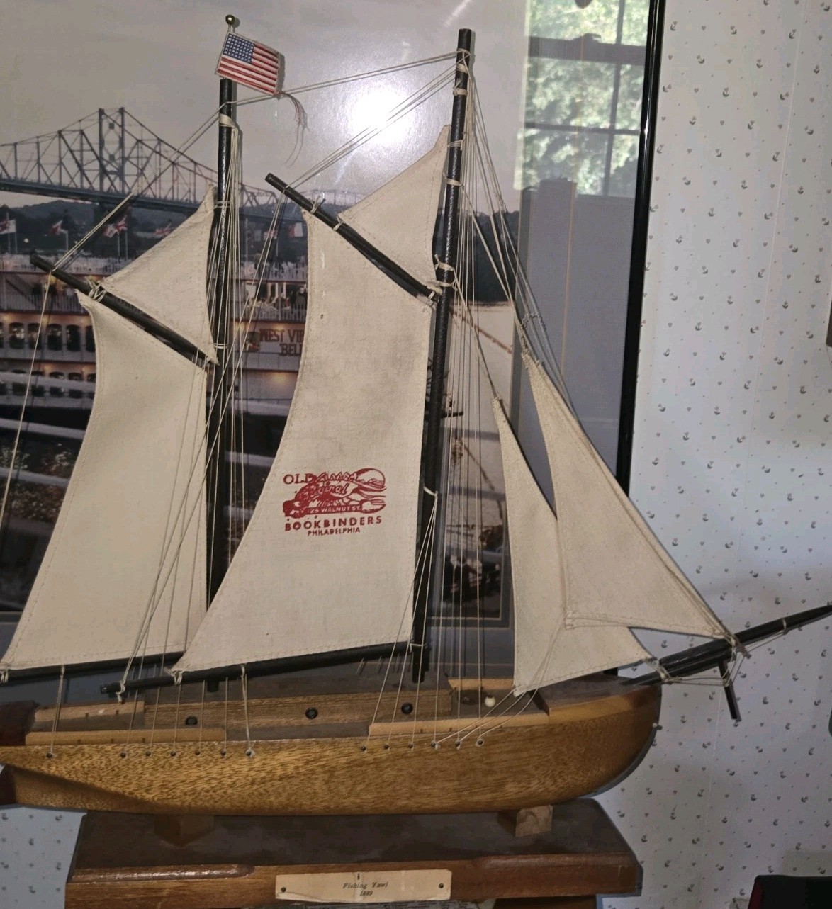 RARE ORIGINAL BOOKBINDERS RESTAURANT 1889 FISHING YAWL WITH SAIL MARKED...