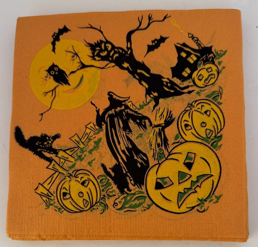 27 Vintage 50’s Halloween Crepe Paper Napkin -Reaper-Bats-Jack O Lanterns-Cat