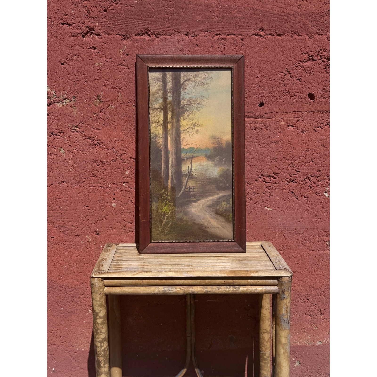 Antique Framed Original Chalk Pastel Landscape – Signed Woodland Lake Sunset