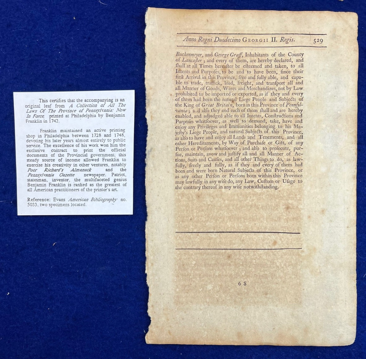 1742 Benjamin Franklin Printed Colonial Immigration Law Document Pennsylvania
