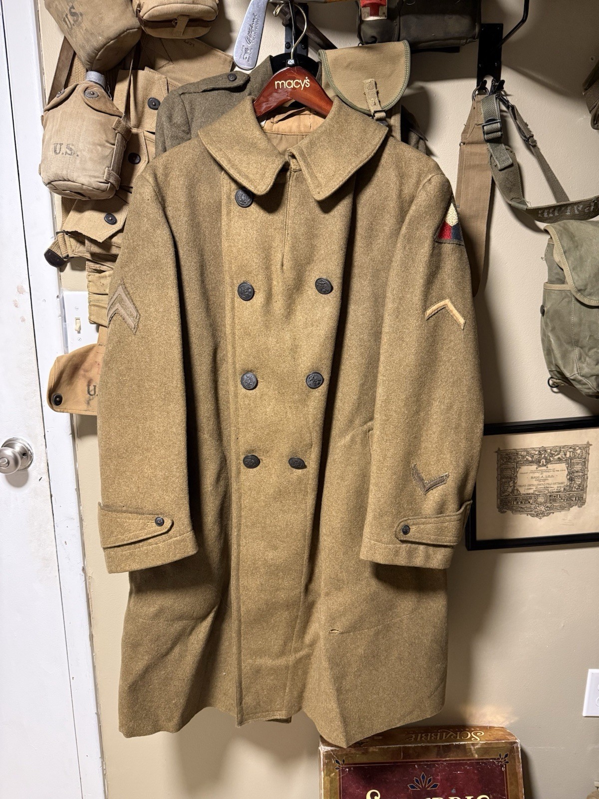Original WW1 U.S. Army Service Patched Wool Overcoat, Tank Corps Corporal 1917